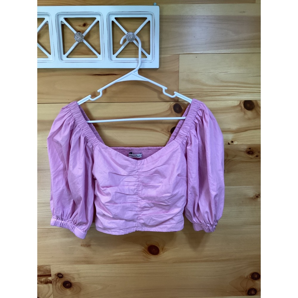 Abercrombie & Fitch Pink Ruched Smocked Puff Sleeve Crop Top Small 140F1291
